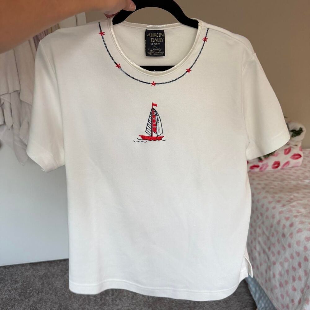Alison Daley Petites White Nautical Embroidered T-Shirt
